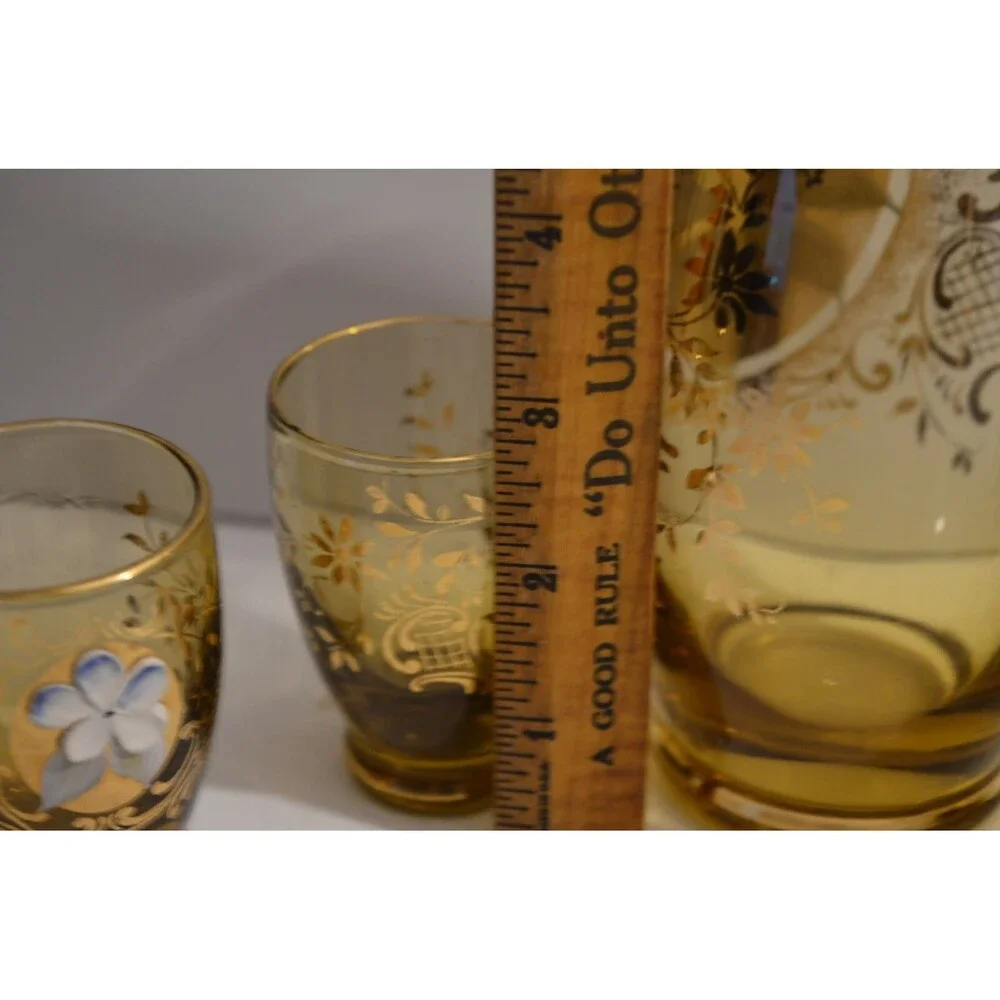 Vtg Murano Venetian Art Glass Decanter Cordial Glass set gold Barware flaws‎